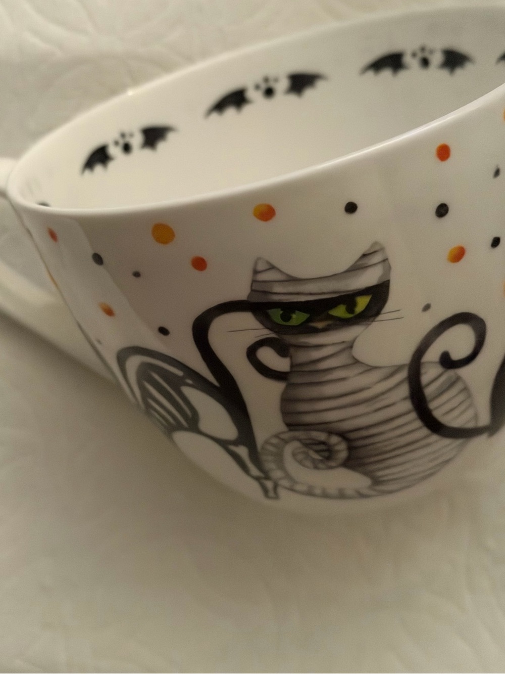 Halloween Cat Ceramic Coffee Mug - White with Black and Orange Cartoon Cats - Picture 7 of 7